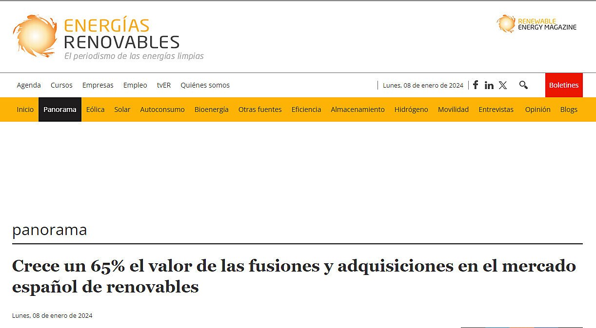 Crece un 65% el valor de las fusiones y adquisiciones en el mercado espaol de renovables